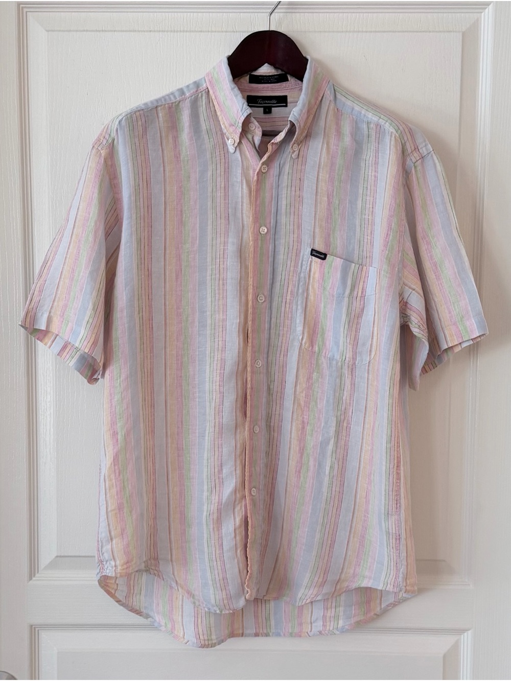 Faconnable Linen Pastel Multi-Stripe Short-Sleeve Button-Down Shirt